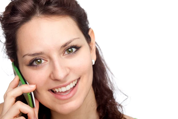 Belle jeune fille brune parler téléphone portrait isolé sur blanc — Photo