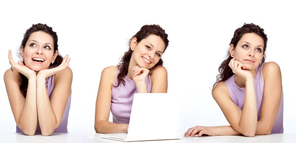 Bela feliz jovem morena menina sorriso com composição laptop definido com fundo verde — Fotografia de Stock