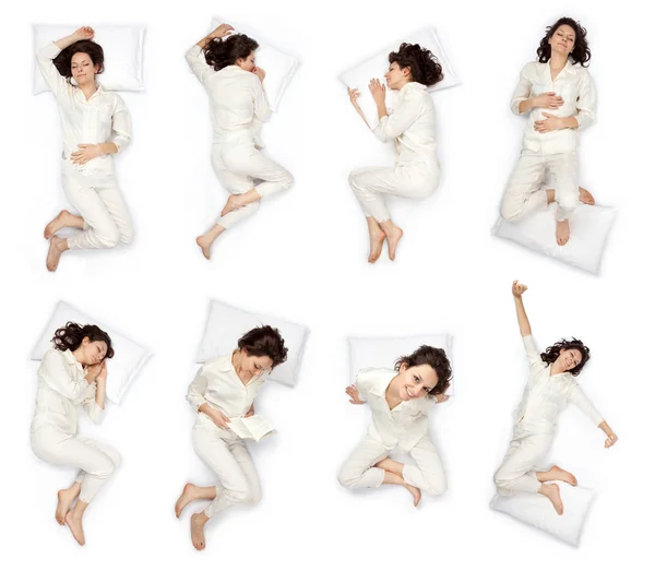 年轻漂亮的女人睡眠姿势组成套上白色孤立 — 图库照片