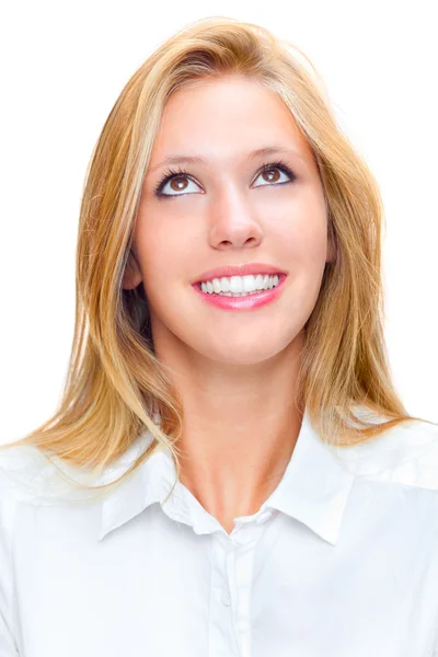 Beautiful blonde smiling girl with white shirt isolated on white — Stock Photo, Image