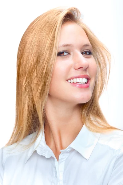 Beautiful blonde smiling girl with white shirt isolated on white — Stock Photo, Image