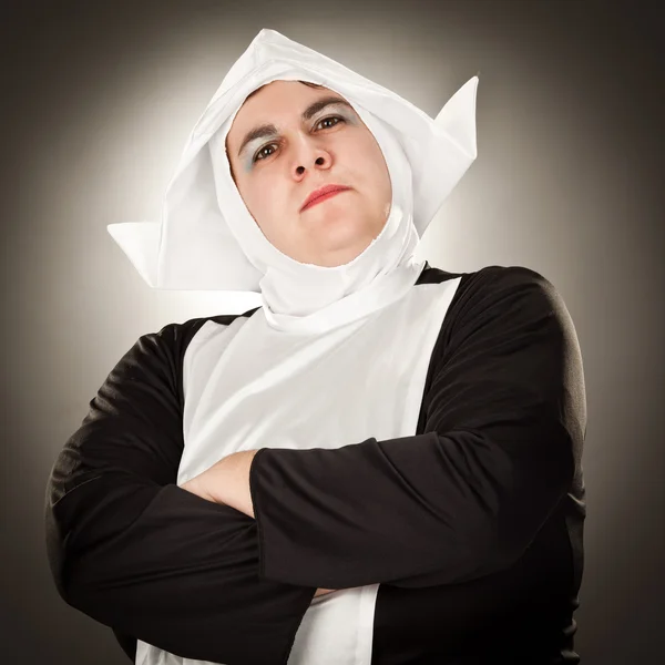 Funny nun sister on black background — Stock Photo, Image