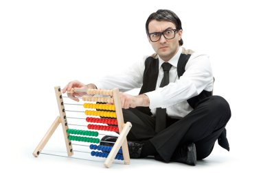 komik inek adam beyaz izole bir abaküs ile