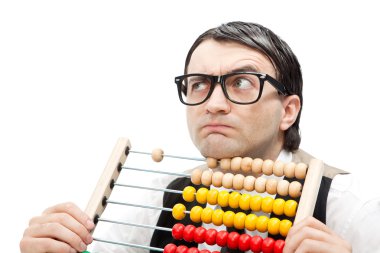 komik inek adam beyaz izole bir abaküs ile