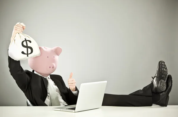 Divertido hombre de negocios con cara de cerdo mantener el dinero con el ordenador portátil sobre fondo gris —  Fotos de Stock