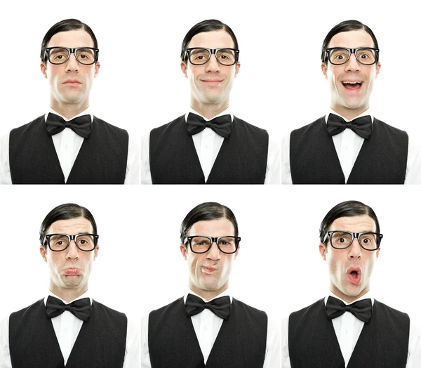 Funny nerd with glasses and bow tie expression composition set isolated on white — Stock Fotó