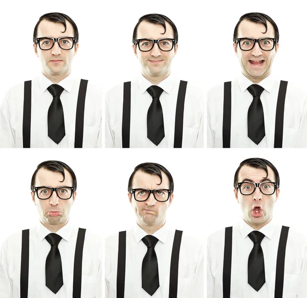 Divertido nerd con gafas y tie expresión composición conjunto aislado en blanco — Foto de Stock