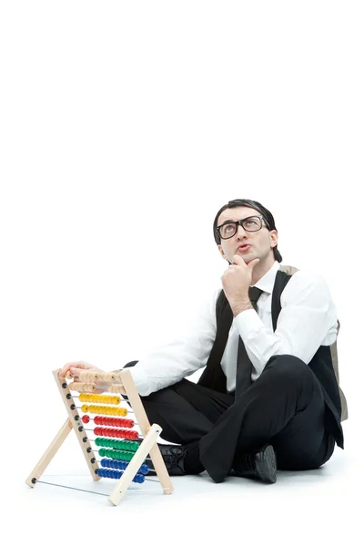 Αστεία nerd άνθρωπος με άβακα απομονωθεί σε λευκό — Φωτογραφία Αρχείου