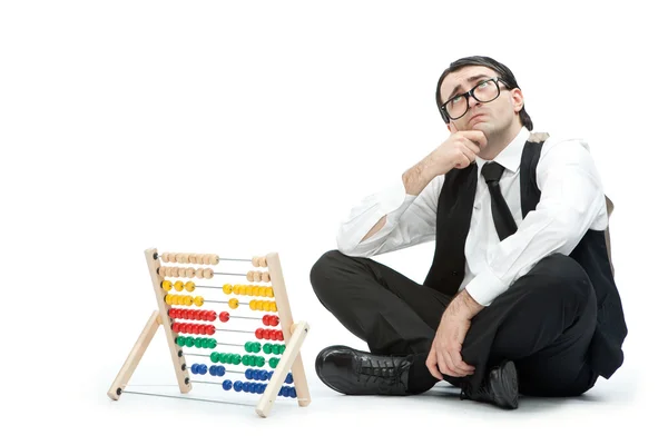 Funny nerd man with an abacus isolated on white — Stock Photo, Image