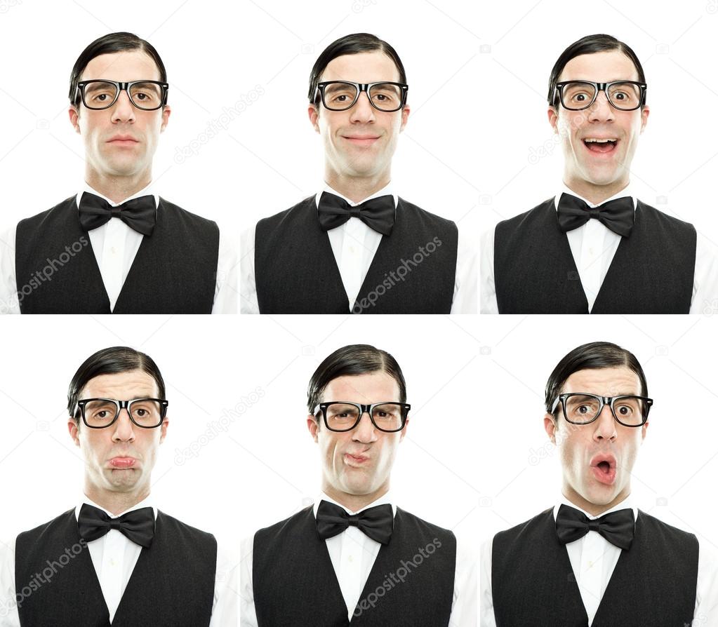 funny nerd with glasses and bow tie expression composition set isolated on white