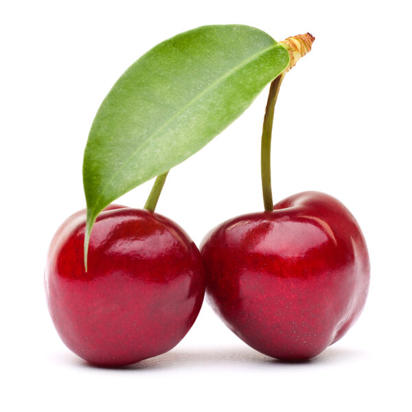 two red cherry with leaf isolated on white background