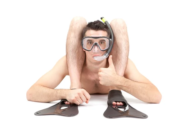 Mergulhador contorcionista com máscara e snorkel isolado em branco — Fotografia de Stock