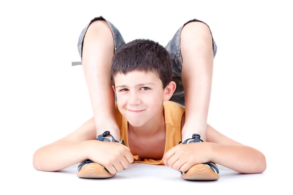 Flexible boy kid smile isolated on white — Stock Photo, Image