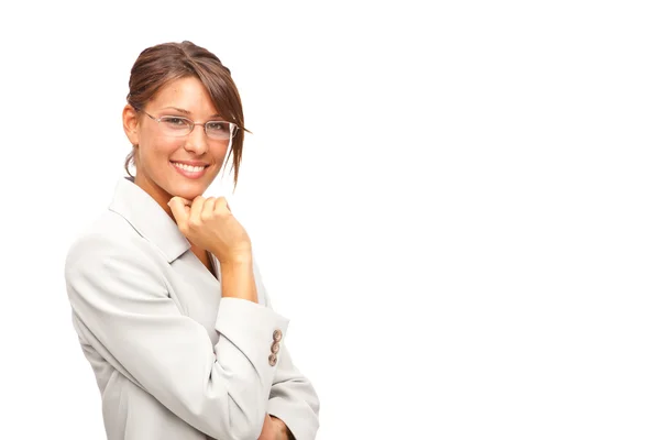 Beautiful young businesswoman with coat and glasses isolated on white — Stock Photo, Image