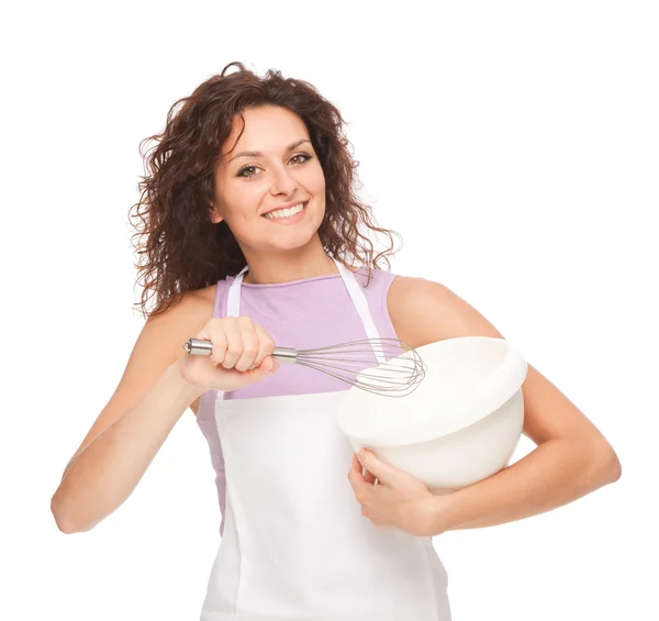 Bella giovane casalinga cucina isolata su bianco — Foto Stock