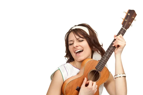 Vintage mujer juega ukelele y cantar aislado en blanco — Foto de Stock