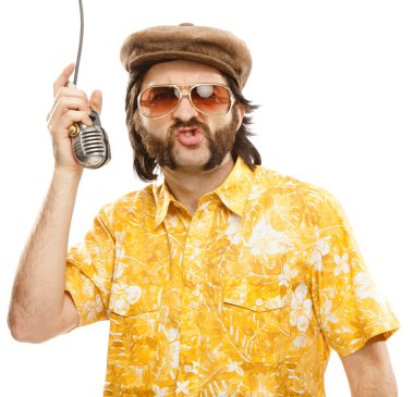 1970s vintage show man sing with hawaiian shirt and microphone isolated on white clipart