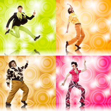 four vintage funny man dance composition set on colored background clipart