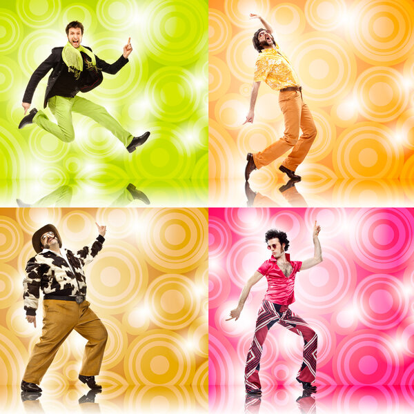 four vintage funny man dance composition set on colored background