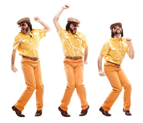 1970 homem vintage com composição de dança vestido laranja conjunto isolado no branco — Fotografia de Stock