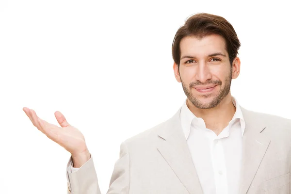 Ευρωπαϊκό Καυκάσιος μελαχρινή ευτυχισμένος επιχειρηματικό άνθρωπος πορτρέτο απομονωθεί σε λευκό — Φωτογραφία Αρχείου