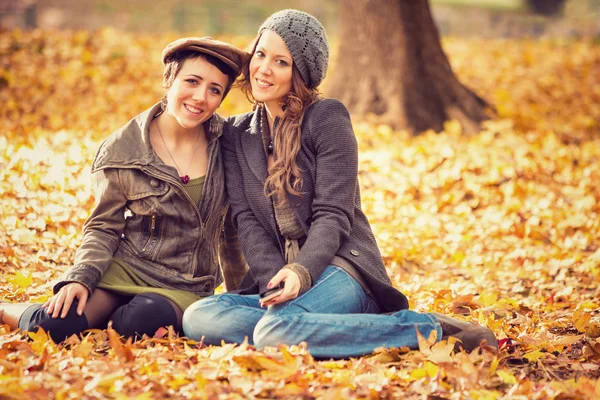 Skupina přítelkyně bavit v parku na podzim — Stock fotografie