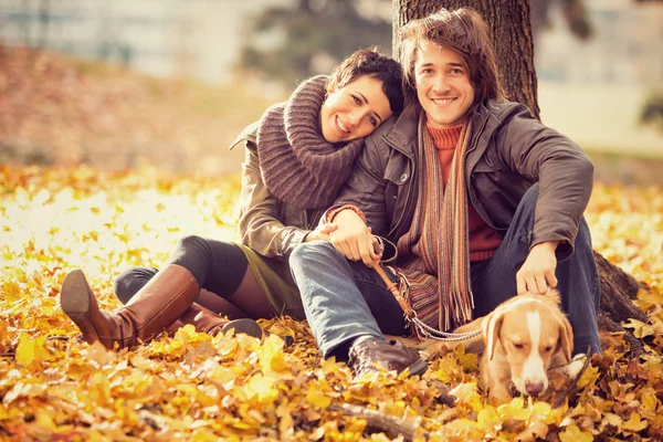 Pareja romántica enamorada en el parque en otoño — Foto de Stock
