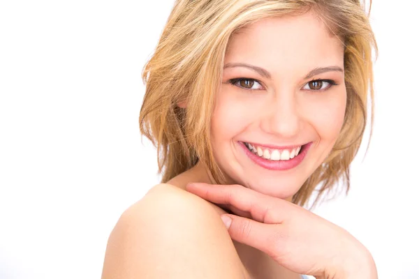 Young blonde smiling woman portrait with perfect teeth isolated on white — Stock Photo, Image