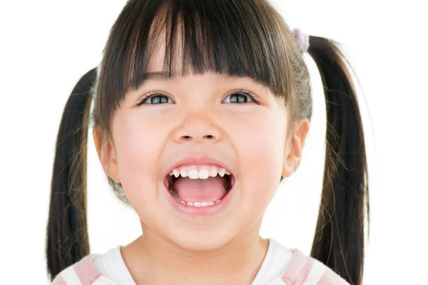 Asiático sonriente niña con pigtail aislado en blanco — Foto de Stock