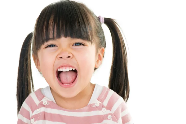 Asiático sonriente niña con pigtail aislado en blanco — Foto de Stock