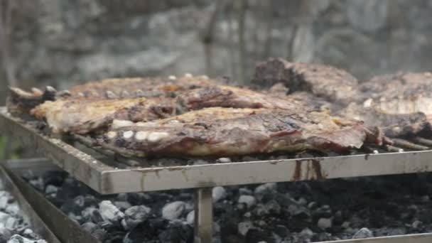 Kogende grillede koteletter – Stock-video