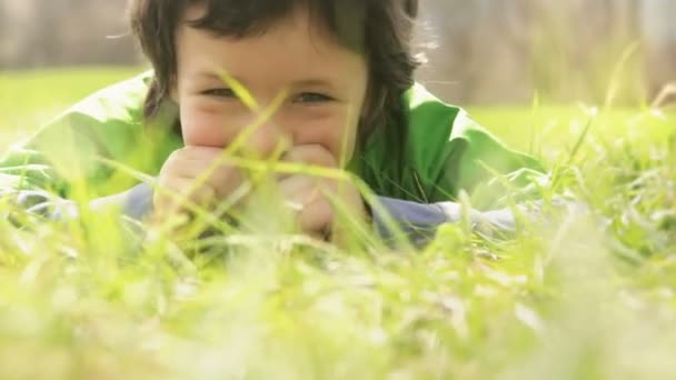 幸せな子供の顔アップは、草に横たわって — ストック動画