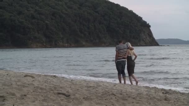 Пара прогулка по пляжу — стоковое видео