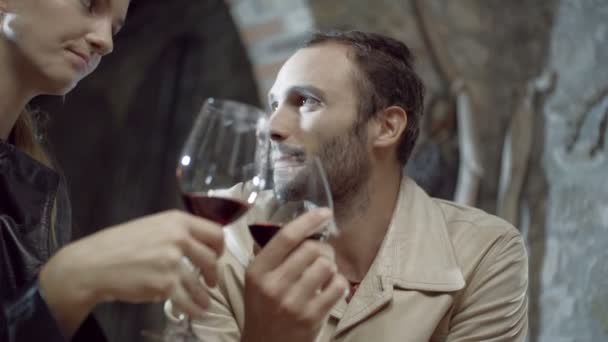 Primer plano de pareja enamorada sonriendo, haciendo brindis con vino en granja rural — Vídeo de stock