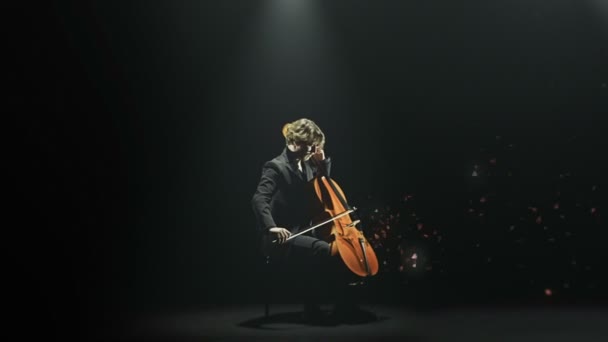 Violoncelista orquestra uma faixa de música clássica — Vídeo de Stock