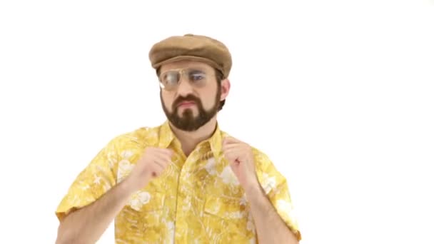 Young man dressing in 70s yellow-orange vintage clothes and hat  making movements — Stock Video