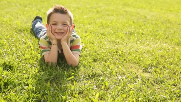 Niño acostado en el retrato de hierba en el parque de la ciudad — Vídeo de stock