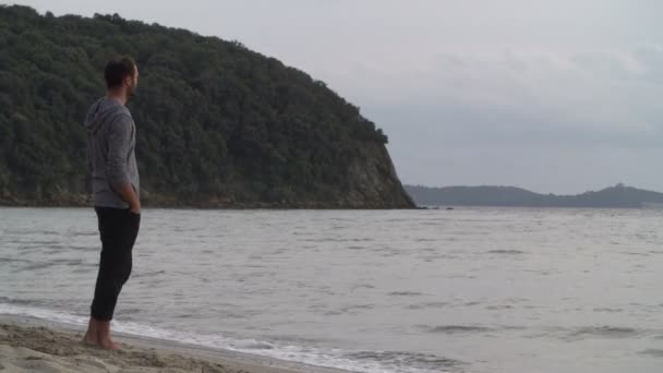 Мужчина пользуется смартфоном на пляже — стоковое видео