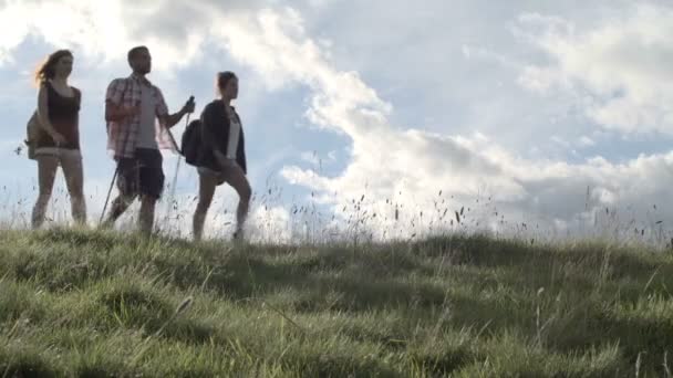 Młodzi przyjaciele piesze wycieczki po lewej do prawej w górskiej scenerii przyrody odkryty — Wideo stockowe