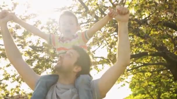 Σύγχρονη οικογένεια ευτυχής πατέρας και γιος οικογένεια στην καλοκαιρινή μέρα παίζουν — Αρχείο Βίντεο
