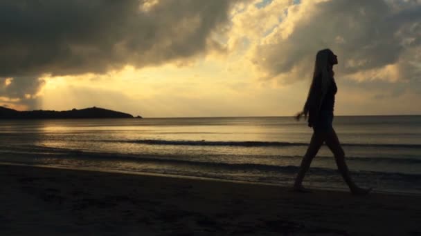 Jeune belle femme blonde silhouette marche sur le rivage au coucher du soleil — Video