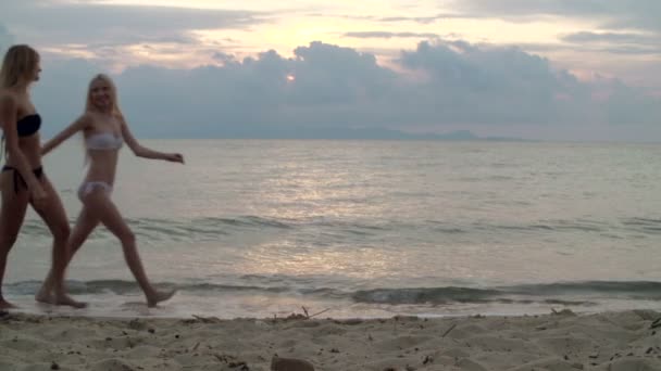 Paar meisjes lopen en kus op strand — Stockvideo