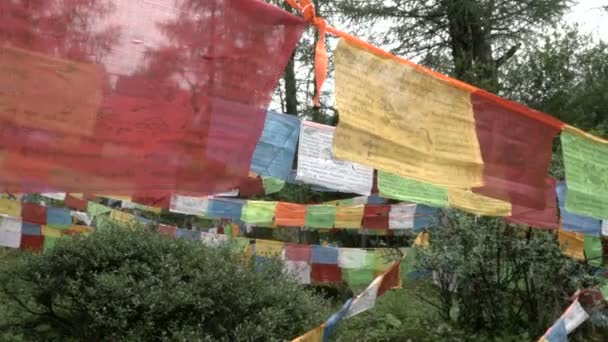 Antigua oración budista sobre banderitas de colores — Vídeos de Stock