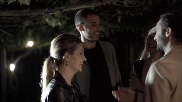 Grupp av vänner skrattar, ler och njuta i natt — Stockvideo