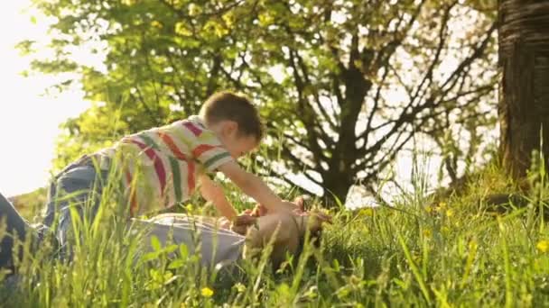 Far och son i sommardag spelar liggande i gräset — Stockvideo