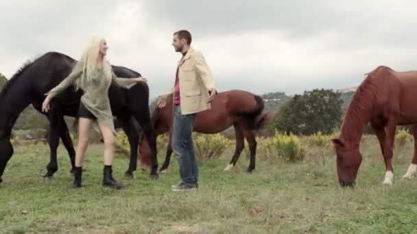 Romantische verliefde paar beroerte paarden en kussen — Stockvideo