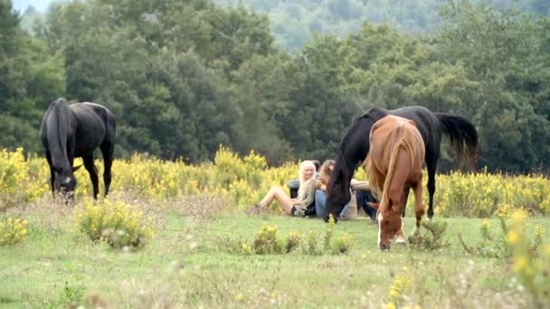 Юные друзья наслаждаются природой с лошадьми — стоковое видео