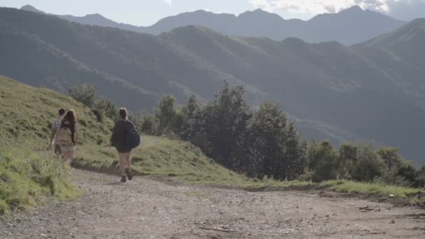 Jóvenes amigos caminando por una carretera en la montaña al aire libre — Vídeo de stock