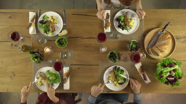 Четверо друзей беседуют за обедом — стоковое видео