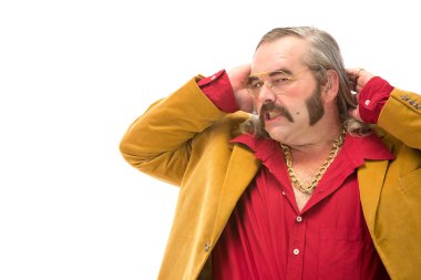 funny vintage 70s man with sideburn mustache and long hair portrait isolated on white clipart